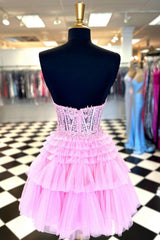 Misshow Glitter Pink Corset A-Line Tiered Short Homecoming Dress/Mini Dress with Lace