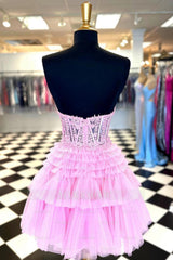Misshow Glitter Pink Corset A-Line Tiered Short Homecoming Dress/Mini Dress with Lace