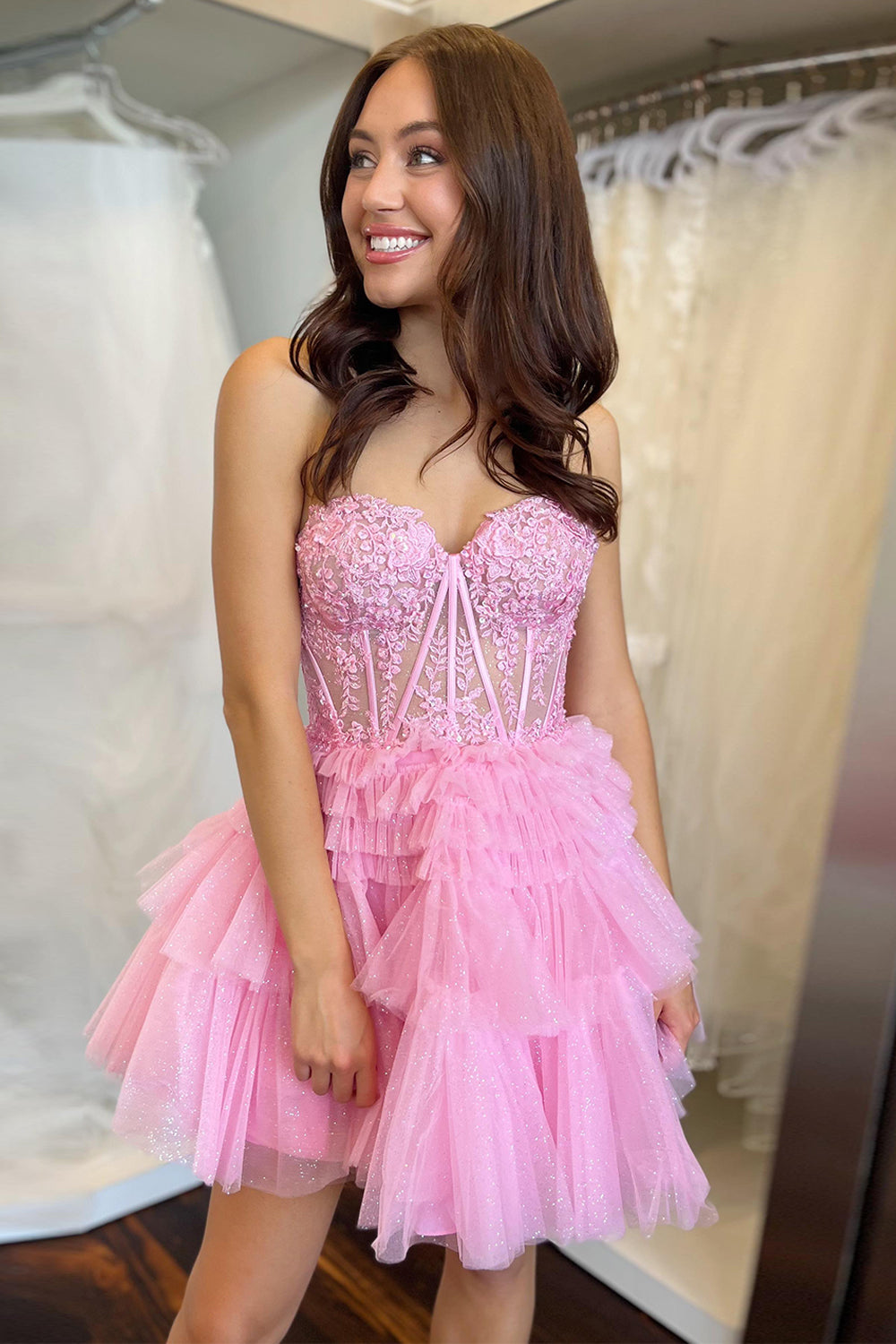 Misshow Glitter Pink Corset A-Line Tiered Short Homecoming Dress/Mini Dress with Lace