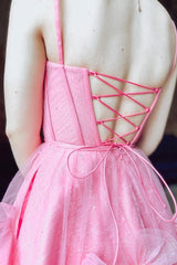 Misshow Glitter Pink Corset Tulle A-Line Tulle Short Homecoming Dress/Mini Dress With Pocket