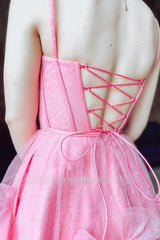 Misshow Glitter Pink Corset Tulle A-Line Tulle Short Homecoming Dress/Mini Dress With Pocket