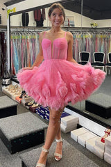 Misshow Glitter Pink Corset Tulle A-Line Tulle Short Homecoming Dress/Mini Dress With Pocket
