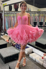 Misshow Glitter Pink Corset Tulle A-Line Tulle Short Homecoming Dress/Mini Dress With Pocket