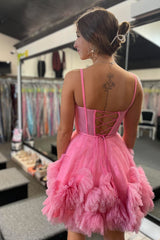 Misshow Glitter Pink Corset Tulle A-Line Tulle Short Homecoming Dress/Mini Dress With Pocket