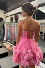 Misshow Glitter Pink Corset Tulle A-Line Tulle Short Homecoming Dress/Mini Dress With Pocket