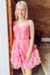 Misshow Glitter Pink Corset Tulle A-Line Tulle Short Homecoming Dress/Mini Dress With Pocket