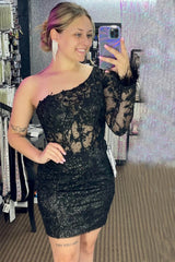 Misshow Glitter Pink One Shoulder Corset Lace Tight Short Homecoming Dress/Mini Dress with Feathers