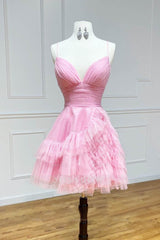 Misshow Glitter Pink Tulle A-Line Short Homecoming Dress/Mini Dress with Ruffles