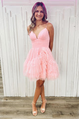 Misshow Glitter Pink Tulle A-Line Short Homecoming Dress/Mini Dress with Ruffles