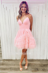 Misshow Glitter Pink Tulle A-Line Short Homecoming Dress/Mini Dress with Ruffles
