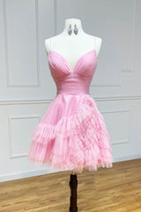 Misshow Glitter Pink Tulle A-Line Short Ruffled Homecoming Dress/Mini Dress
