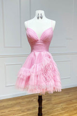 Misshow Glitter Pink Tulle A-Line Short Ruffled Homecoming Dress/Mini Dress