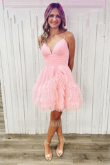 Misshow Glitter Pink Tulle A-Line Short Ruffled Homecoming Dress/Mini Dress