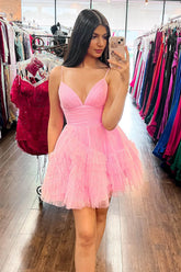 Misshow Glitter Pink Tulle A-Line Short Ruffled Homecoming Dress/Mini Dress