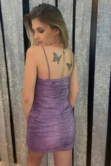 Misshow Glitter Purple Ruched Tight Short Homecoming Dress/Mini Dress