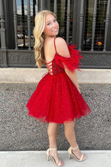 Misshow Glitter Red A-Line Sequins Tulle Short Homecoming Dress/Mini Dress with Feathers