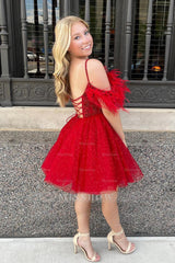 Misshow Glitter Red A-Line Sequins Tulle Short Homecoming Dress/Mini Dress with Feathers