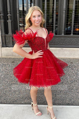 Misshow Glitter Red A-Line Sequins Tulle Short Homecoming Dress/Mini Dress with Feathers