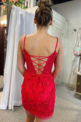 Misshow Glitter Red Lace Spaghetti Straps Tight Short Homecoming Dress/Mini Dress