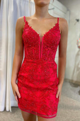Misshow Glitter Red Lace Spaghetti Straps Tight Short Homecoming Dress/Mini Dress