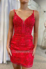 Misshow Glitter Red Lace Spaghetti Straps Tight Short Homecoming Dress/Mini Dress
