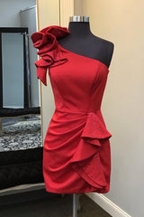 Misshow Glitter Red One Shoulder Tiered Homecoming Dress/Mini Dress With Beadings