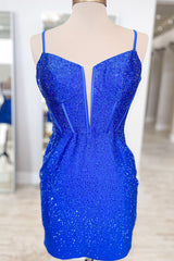 Misshow Glitter Royal Blue Beaded Tight Corset Short Homecoming Dress/Mini Dress
