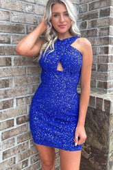 Misshow Glitter Royal Blue Halter Backless Sequins Tight Homecoming Dress/Mini Dress