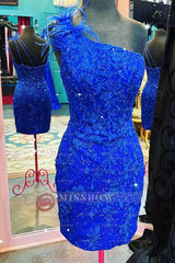 Misshow Glitter Royal Blue Lace One Shoulder Tight Short Homecoming Dress/Mini Dress with Feathers