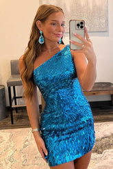 Misshow Glitter Royal Blue One Shoulder Sequins Tight Hoco Dress