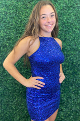 Misshow Glitter Royal Blue Spaghetti Straps Sequins Tight Short Homecoming Dress/Mini Dress