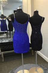 Misshow Glitter Royal Blue Spaghetti Straps Tight Short Homecoming Dress/Mini Dress With Beadings