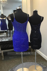 Misshow Glitter Royal Blue Spaghetti Straps Tight Short Homecoming Dress/Mini Dress With Beadings