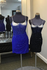 Misshow Glitter Royal Blue Spaghetti Straps Tight Short Homecoming Dress/Mini Dress With Beadings