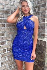 Misshow Glitter Turquoise Halter Backless Sequins Tight Homecoming Dress/Mini Dress