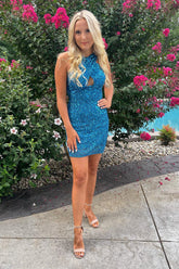 Misshow Glitter Turquoise Halter Backless Sequins Tight Homecoming Dress/Mini Dress