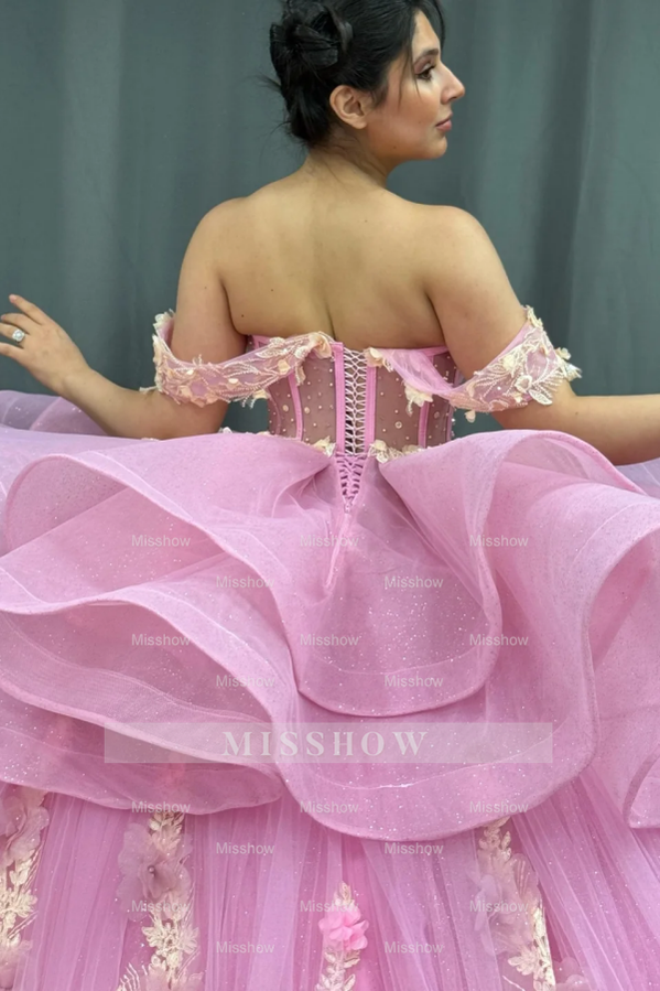 Misshow Gold Beaded Off-Shoulder Ball Gown with Detachable Ruffles & 3D Floral Appliques Sparkling Pink Tulle Quinceanera & Formal Party Dress