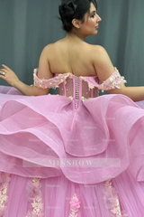 Misshow Gold Beaded Off-Shoulder Ball Gown with Detachable Ruffles & 3D Floral Appliques Sparkling Pink Tulle Quinceanera & Formal Party Dress