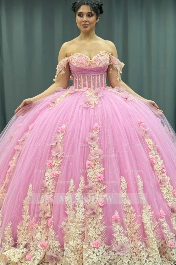 Misshow Gold Beaded Off-Shoulder Ball Gown with Detachable Ruffles & 3D Floral Appliques Sparkling Pink Tulle Quinceanera & Formal Party Dress