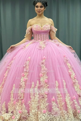 Misshow Gold Beaded Off-Shoulder Ball Gown with Detachable Ruffles & 3D Floral Appliques Sparkling Pink Tulle Quinceanera & Formal Party Dress
