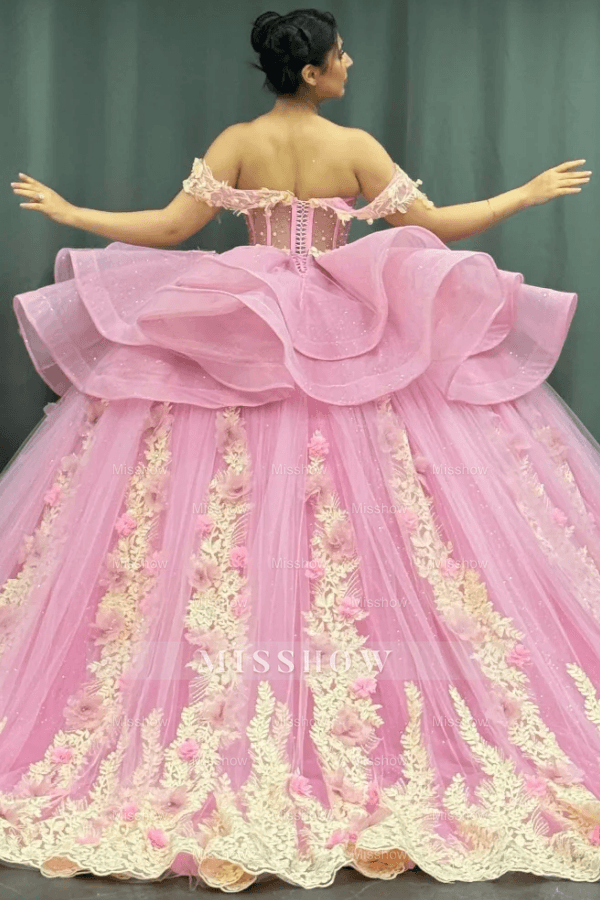 Misshow Gold Beaded Off-Shoulder Ball Gown with Detachable Ruffles & 3D Floral Appliques Sparkling Pink Tulle Quinceanera & Formal Party Dress