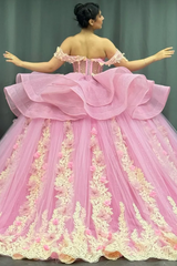 Misshow Gold Beaded Off-Shoulder Ball Gown with Detachable Ruffles & 3D Floral Appliques Sparkling Pink Tulle Quinceanera & Formal Party Dress