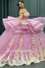 Misshow Gold Beaded Off-Shoulder Ball Gown with Detachable Ruffles & 3D Floral Appliques Sparkling Pink Tulle Quinceanera & Formal Party Dress