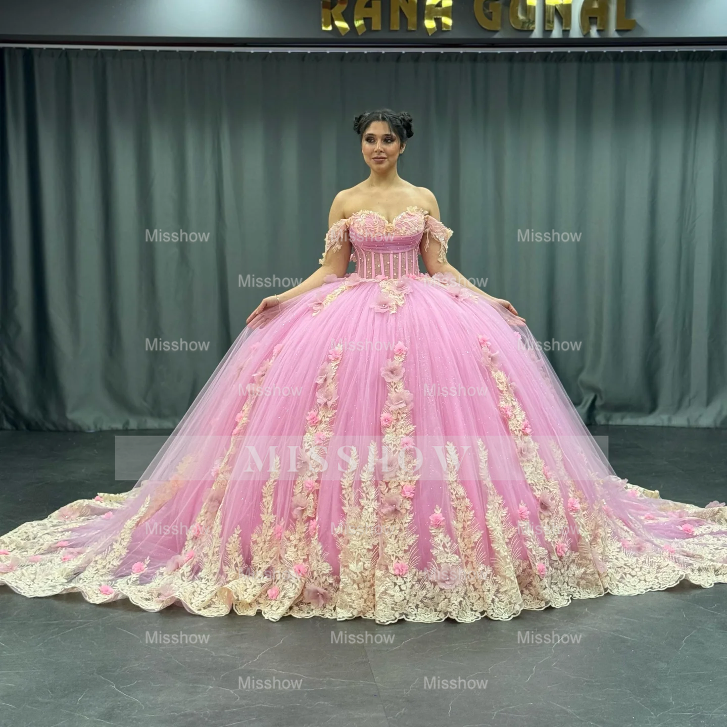 Misshow Gold Beaded Off-Shoulder Ball Gown with Detachable Ruffles & 3D Floral Appliques Sparkling Pink Tulle Quinceanera & Formal Party Dress