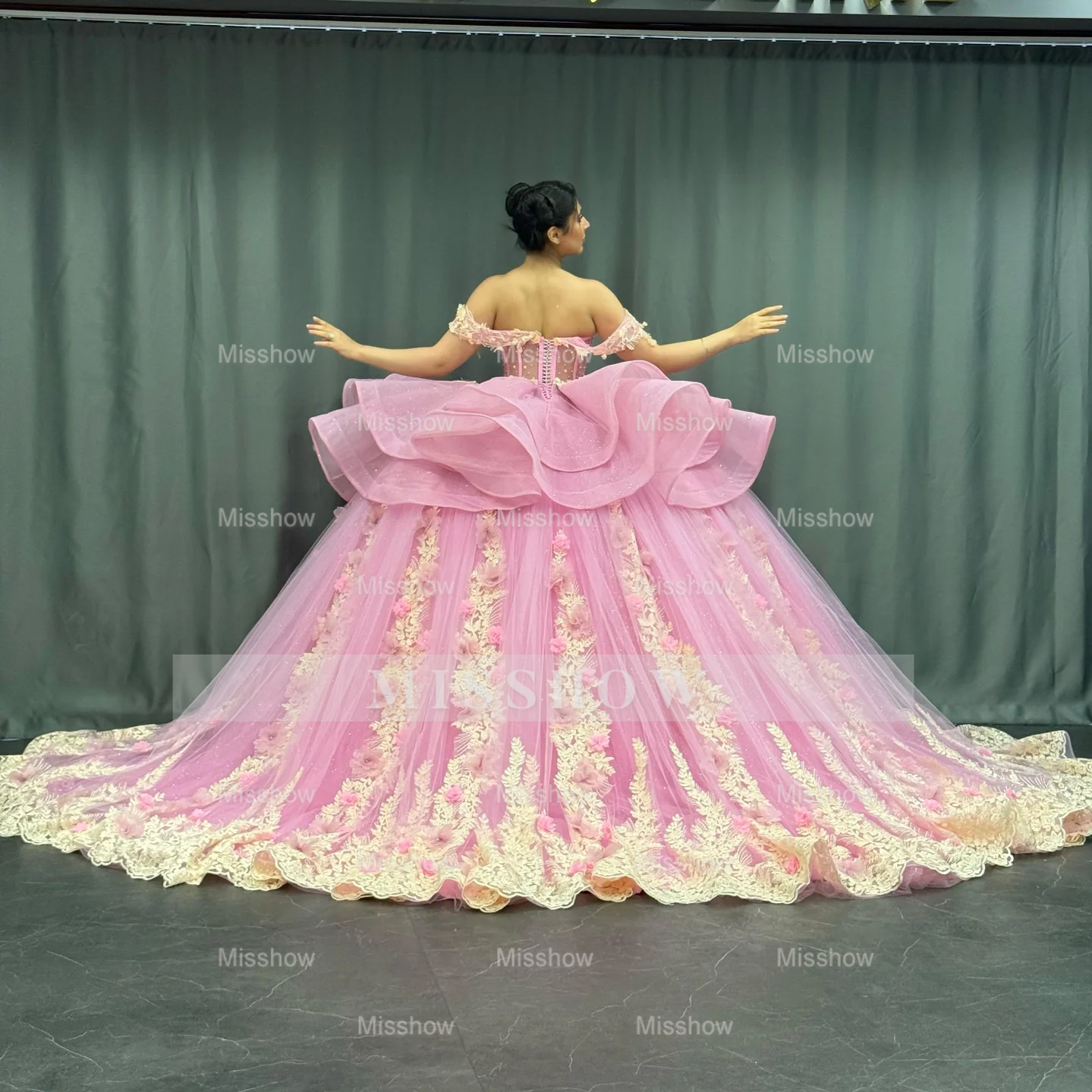 Misshow Gold Beaded Off-Shoulder Ball Gown with Detachable Ruffles & 3D Floral Appliques Sparkling Pink Tulle Quinceanera & Formal Party Dress