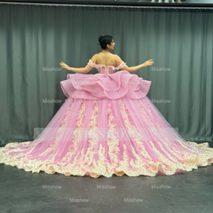 Misshow Gold Beaded Off-Shoulder Ball Gown with Detachable Ruffles & 3D Floral Appliques Sparkling Pink Tulle Quinceanera & Formal Party Dress