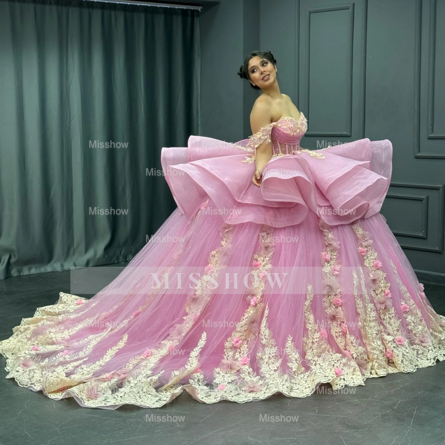 Misshow Gold Beaded Off-Shoulder Ball Gown with Detachable Ruffles & 3D Floral Appliques Sparkling Pink Tulle Quinceanera & Formal Party Dress