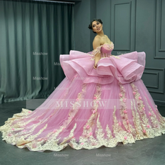Misshow Gold Beaded Off-Shoulder Ball Gown with Detachable Ruffles & 3D Floral Appliques Sparkling Pink Tulle Quinceanera & Formal Party Dress
