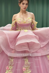 Misshow Gold Beaded Off-Shoulder Ball Gown with Detachable Ruffles & 3D Floral Appliques Sparkling Pink Tulle Quinceanera & Formal Party Dress