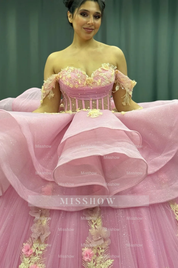 Misshow Gold Beaded Off-Shoulder Ball Gown with Detachable Ruffles & 3D Floral Appliques Sparkling Pink Tulle Quinceanera & Formal Party Dress